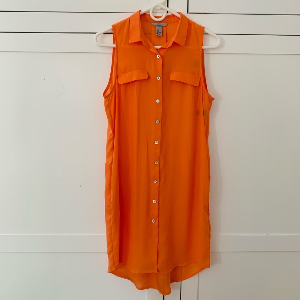 H&M Orange Sheer Button Front Collar Dress w/ Pockets Size 6